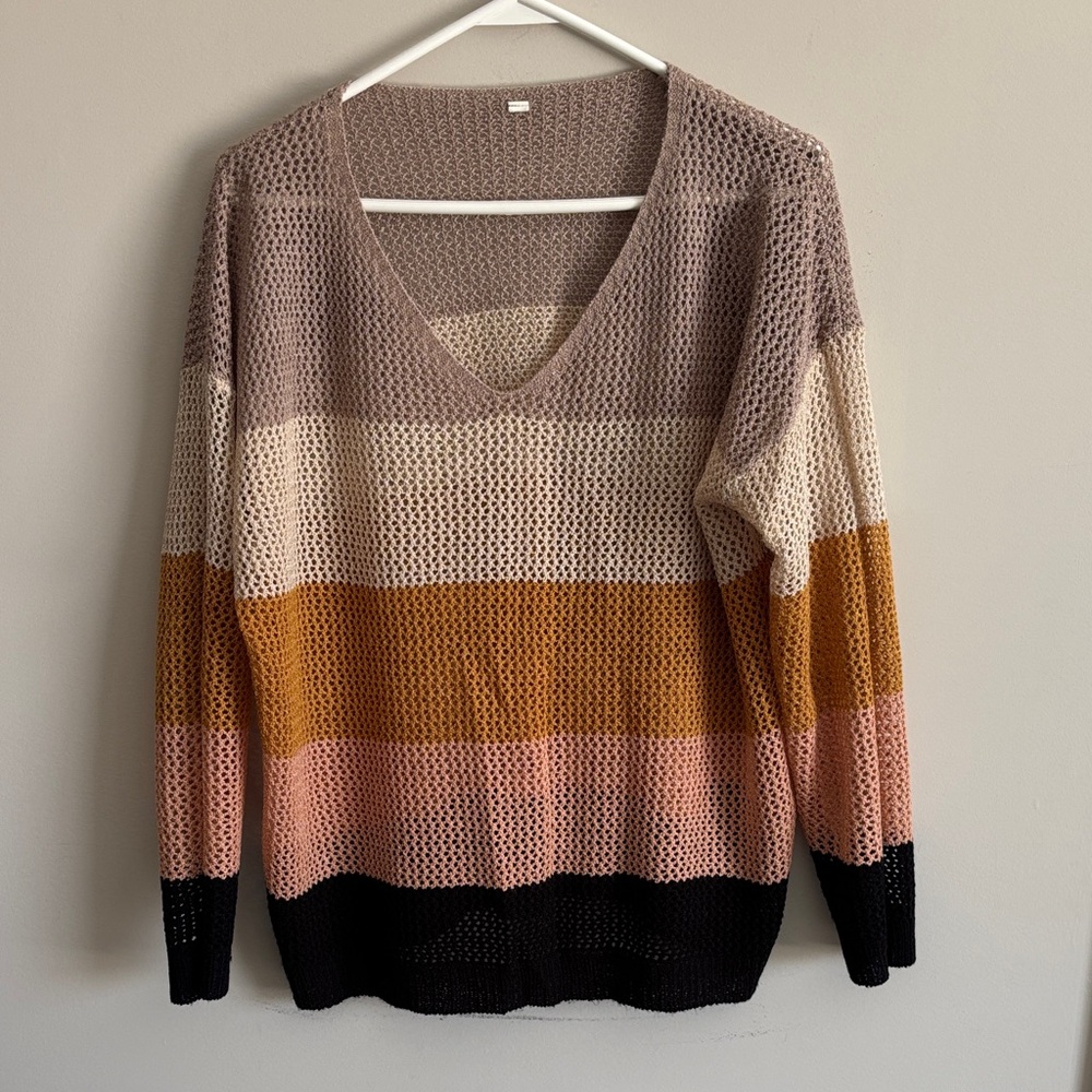 Striped V-Neck Open Knit Sweater in Multi-Color